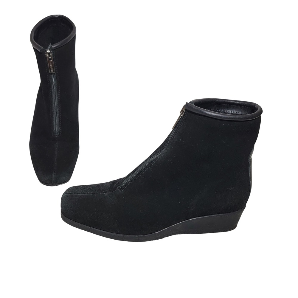 La Canadienne Black Suede Wedge Ankle Boots Front Zip Women's‎ Size 6M 33863